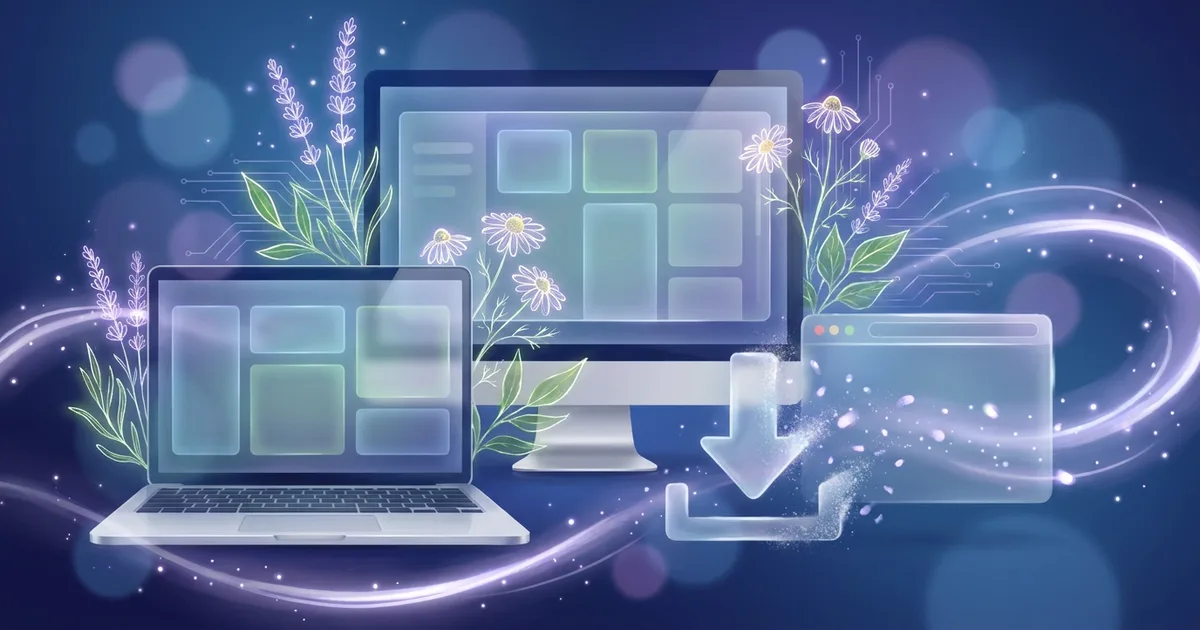 Ein Laptop und ein Desktop-Monitor vor einem tiefblauen Verlauf zeigen ein leuchtendes Repertorisationsraster, während sich ein transparenter Download-Pfeil um ein Browserfenster herum in Licht auflöst und damit Repertoriumssoftware symbolisiert, die kostenlos online läuft, statt heruntergeladen zu werden.