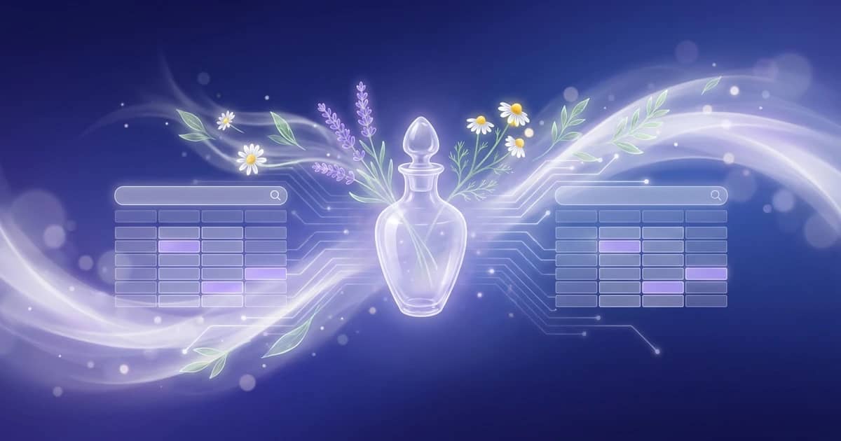 A glowing magnifier and search field hovering over a repertory rubric grid beside a glass remedy bottle and botanicals on a deep blue gradient — homeopathic rubric search.