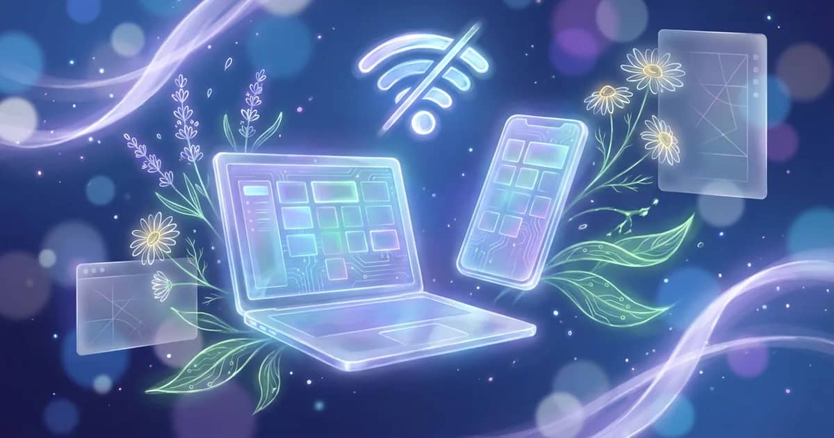 A laptop and a phone on a deep blue gradient showing the same repertorisation grid, with a crossed-out Wi-Fi symbol above them, symbolising homeopathy software that keeps working without a connection.
