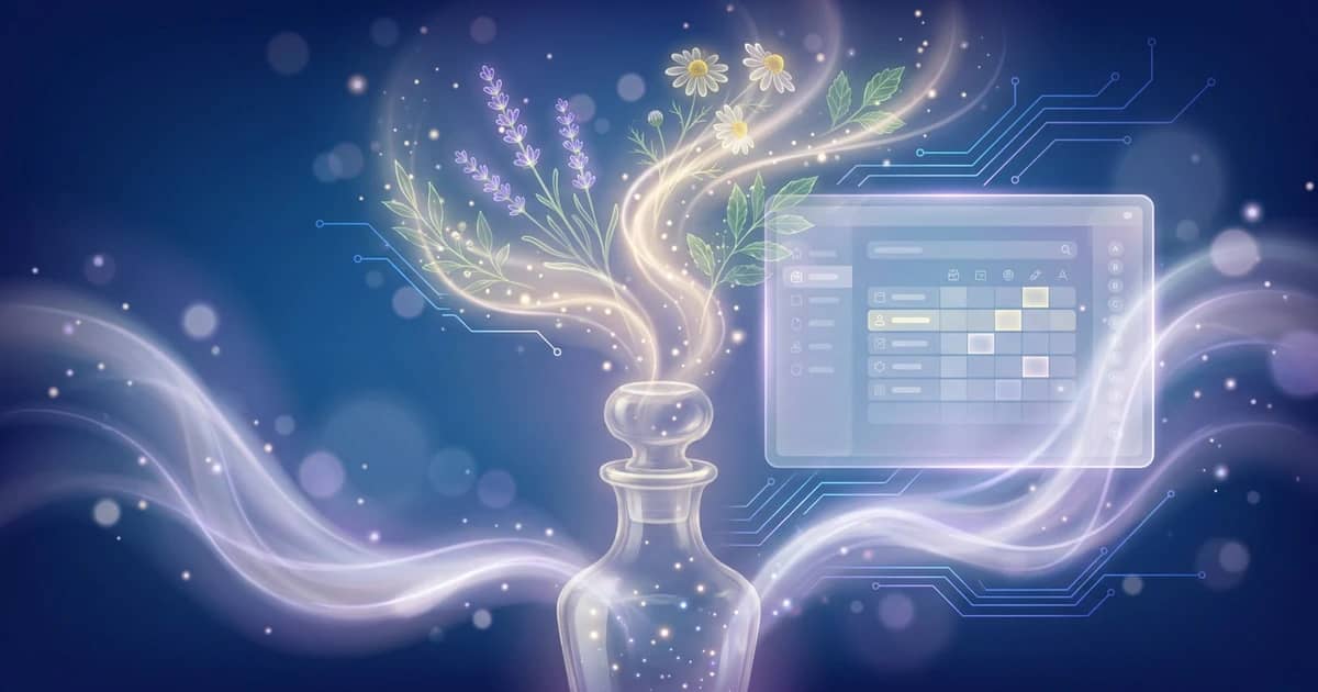 Glowing translucent tablet showing a clinical repertorisation grid and an alphabetical chapter index beside a glass remedy bottle and botanicals on a deep blue gradient — Murphy's Repertory online.