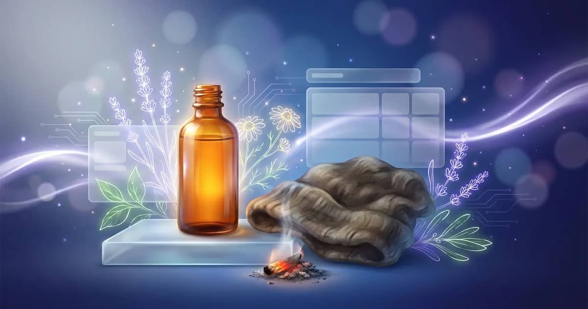A single amber remedy bottle standing in cold grey light beside a heavy wool cap and a dying ember, on a deep blue gradient suggesting chilliness and stalled vitality.