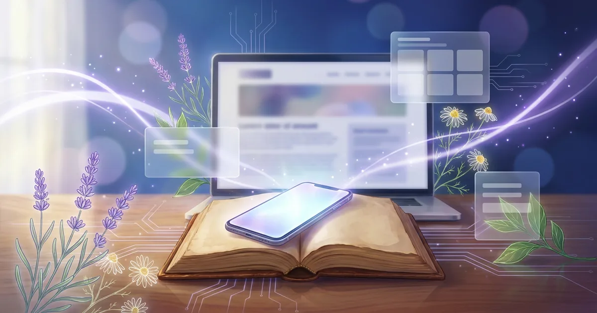 A smartphone resting on an open antique materia medica volume on a wooden desk, with a laptop behind it showing a page of remedy text