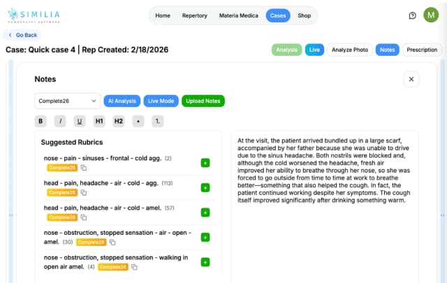 AI case analysis with extracted symptoms and suggested rubrics in Similia Pro