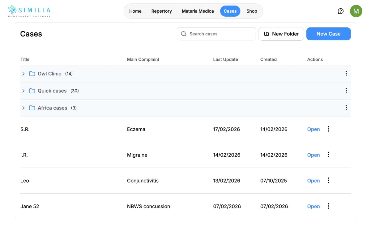 Панель управления случаями в Similia Free с сохранённые реперторизации и заметки