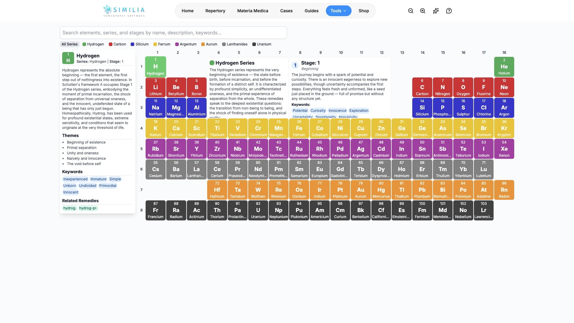 Interactive Periodic Table in Similia with one element and its remedy information selected