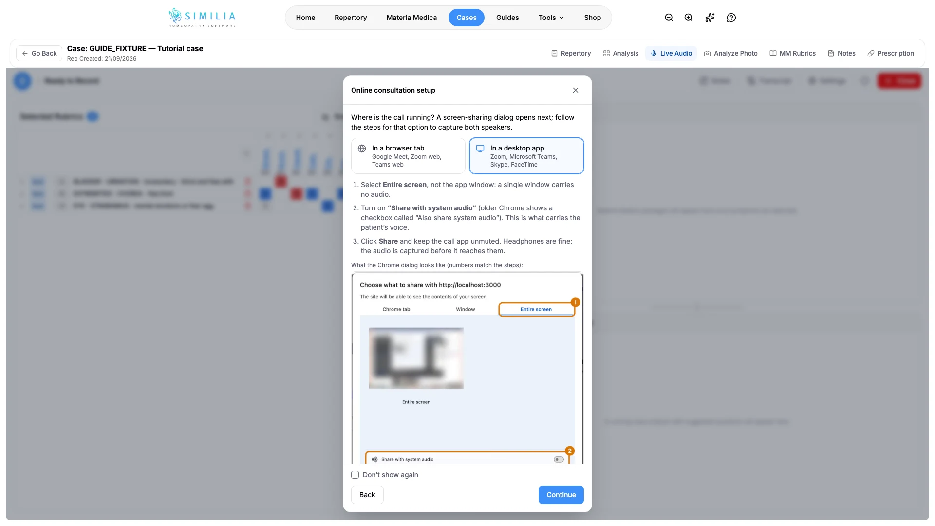 Guía de configuración en línea de Audio en directo con la opción de aplicación de escritorio seleccionada