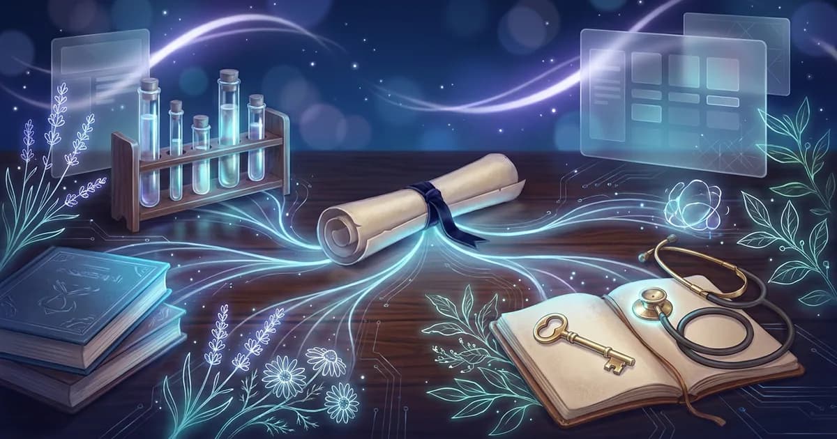 A rolled degree scroll on a dark teak desk at night, with paths of blue light fanning out to a stack of postgraduate textbooks, a rack of glass research vials and a brass clinic key resting on an open case notebook beside a stethoscope.