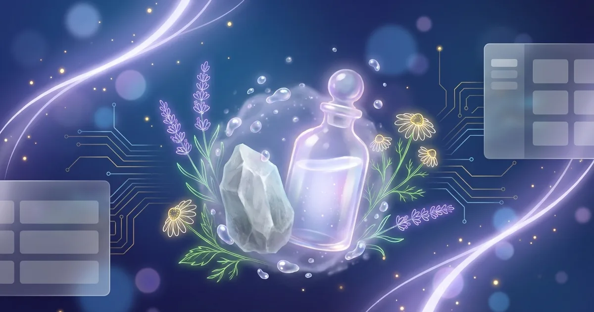 A glass remedy bottle beside a pale grey mineral crystal, wrapped in a soft rattling cloud of suspended droplets that never rises, on a deep blue gradient.