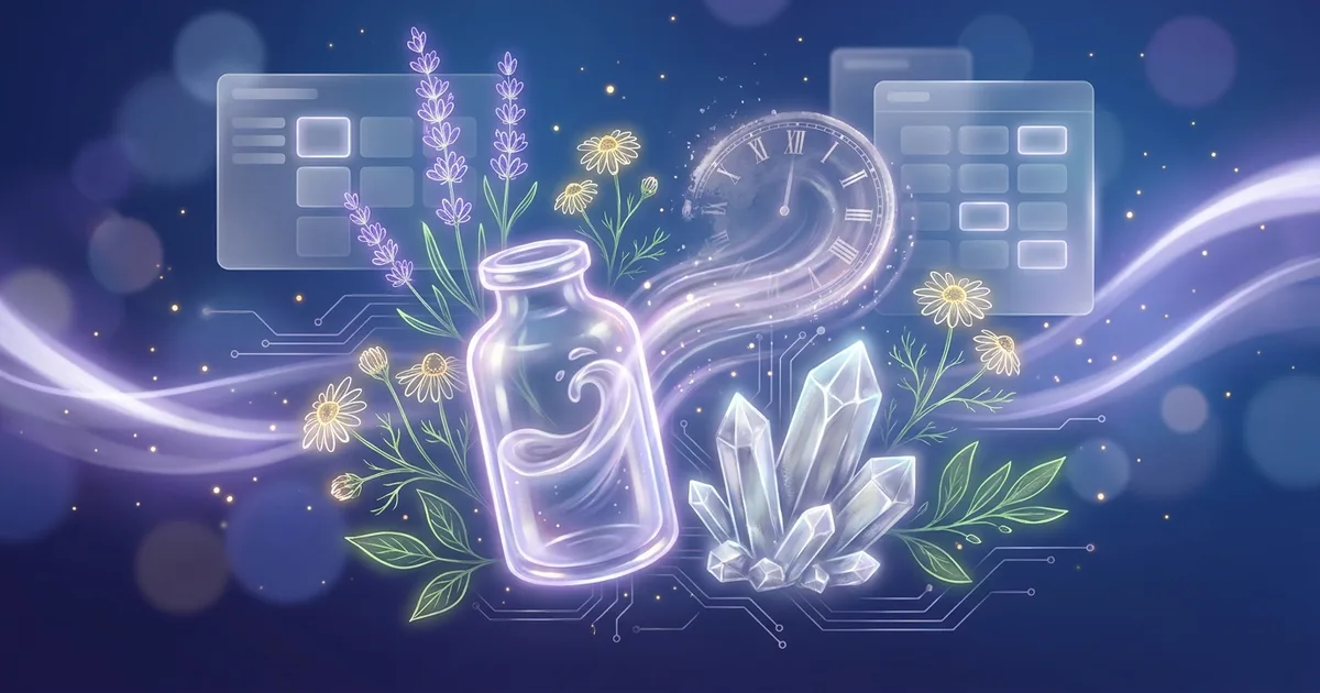 A glass remedy bottle beside pale silvery crystals and a swirl of hurried motion lines, with a faint clock face dissolving into open air on a deep blue gradient.