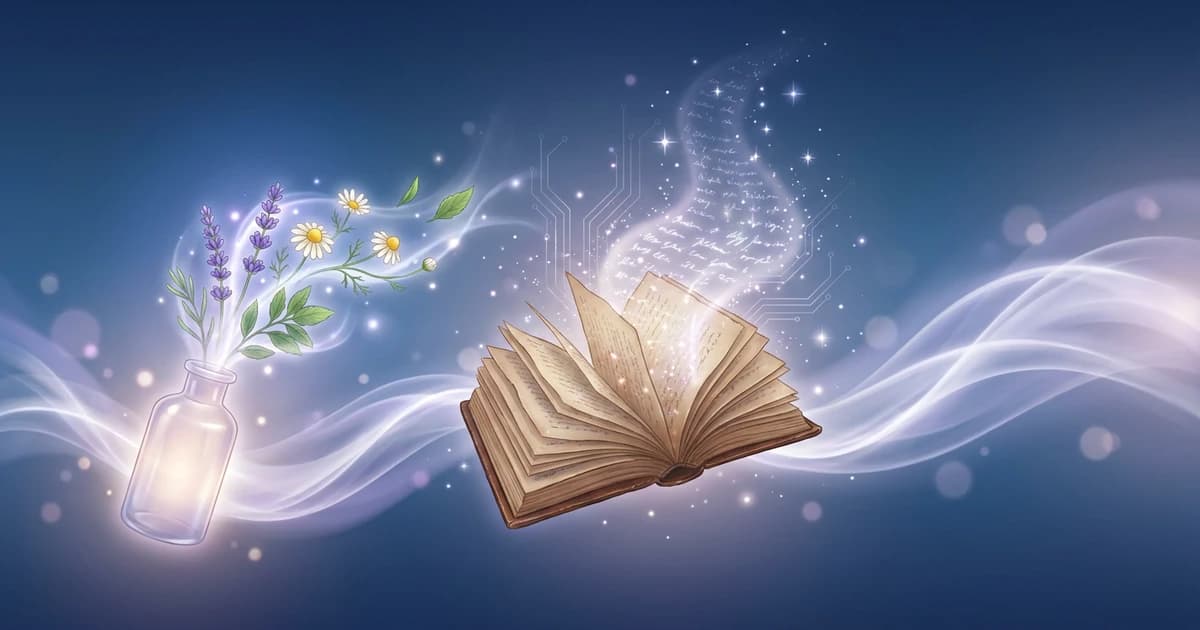 Старинна джобна книга по материя медика, отваряща се към светещи статии за лекарства до стъклено шишенце с лекарство и ботанически елементи върху наситен син градиент — Boericke's Materia Medica онлайн.