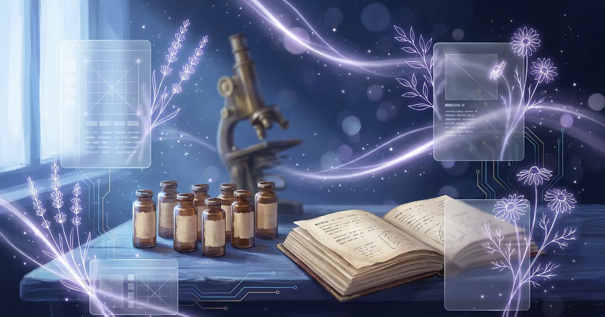 Bowel nosodes of Bach and Paterson: a row of small amber remedy vials with handwritten labels beside an open bound volume of typed papers on a laboratory bench.