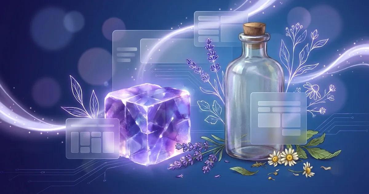 A cleaved cube of violet fluorspar catching light beside a glass remedy bottle and dried botanicals on a deep blue gradient.
