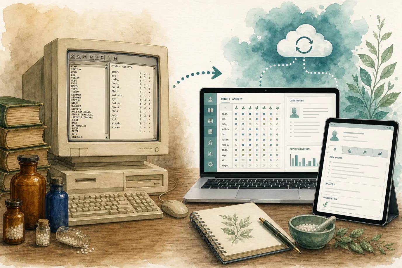 Historischer Desktop-Repertorium-Computer im Vergleich mit einem modernen Homöopathie-Arbeitsbereich in der Cloud