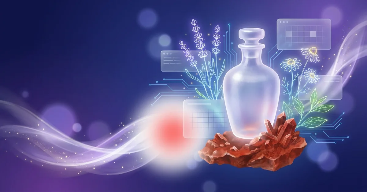 A glass remedy bottle beside rust-red iron crystals and a pale flushing gradient of red fading into white, on a deep blue background, evoking the first stage of inflammation.