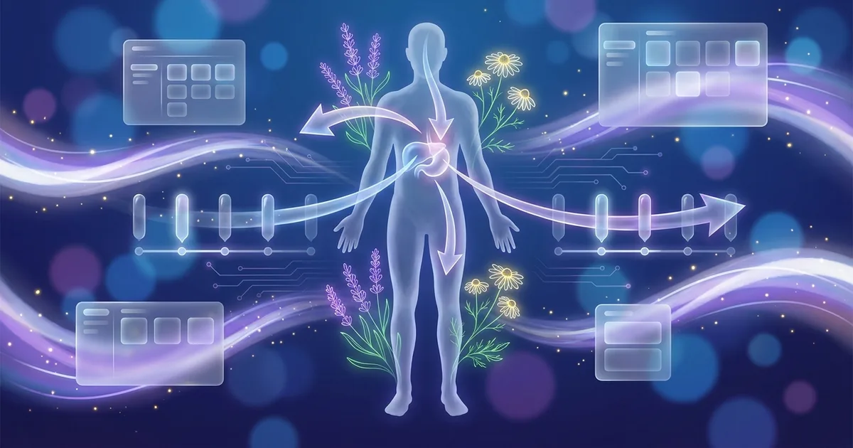 Four luminous arrows tracing paths across a translucent human silhouette — one moving outward from the chest to the skin, one running downward from head to feet, one leaving a glowing central organ for a limb, and one travelling backwards along a row of dated symptom markers — on a deep blue gradient.