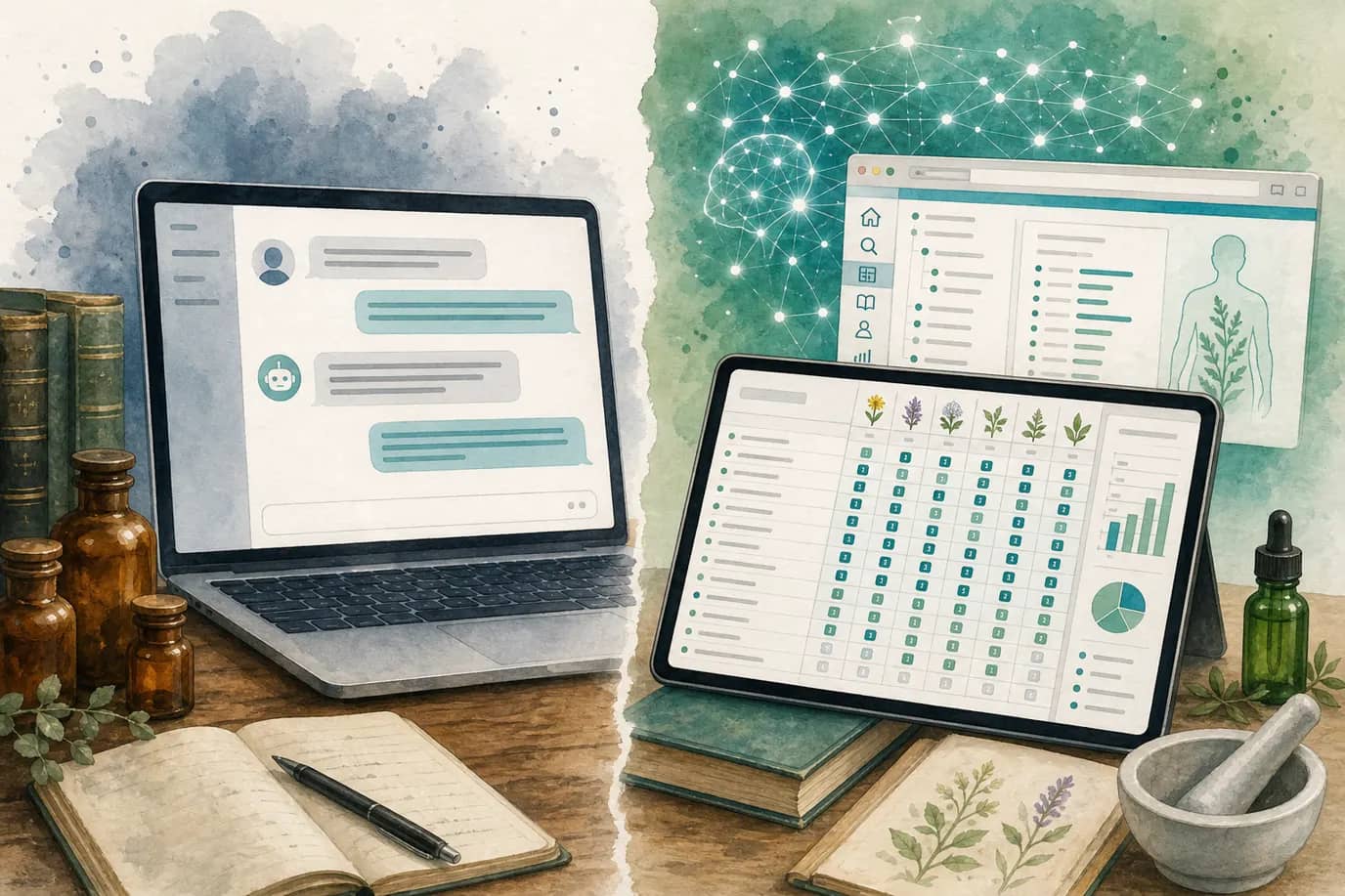 Allgemeiner Chatbot auf einem Schreibtisch im Vergleich mit einem fundierten homöopathischen Repertoriums-Arbeitsbereich auf einem Tablet