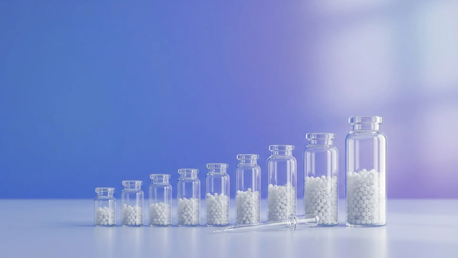 Row of homeopathic remedy vials and globules of ascending potency