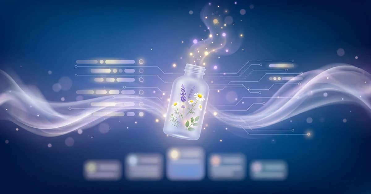 Glass remedy bottle with botanicals dissolving into light beside a glowing AI app interface showing rubric and remedy data, on a deep blue gradient with circuit lines