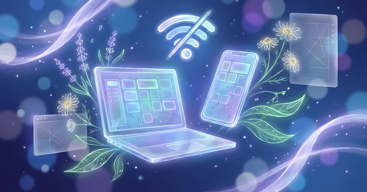 A laptop and a phone on a deep blue gradient showing the same repertorisation grid, with a crossed-out Wi-Fi symbol above them, symbolising homeopathy software that keeps working without a connection.