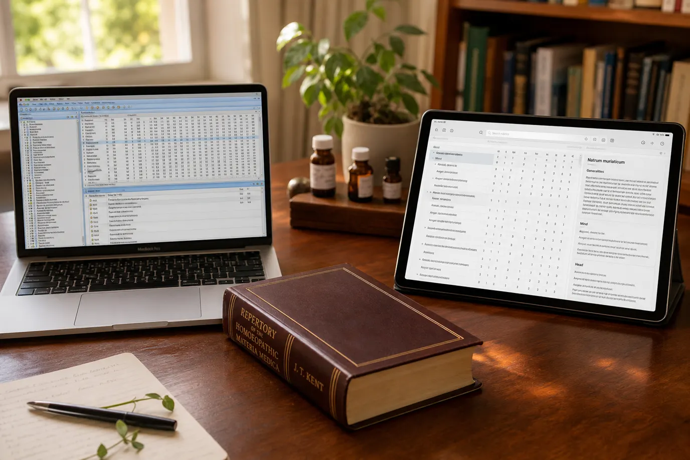 Älteres Alles-auf-einer-Seite-Desktop-Repertoriumfenster neben einem modernen Tablet-Arbeitsbereich für Homöopathie