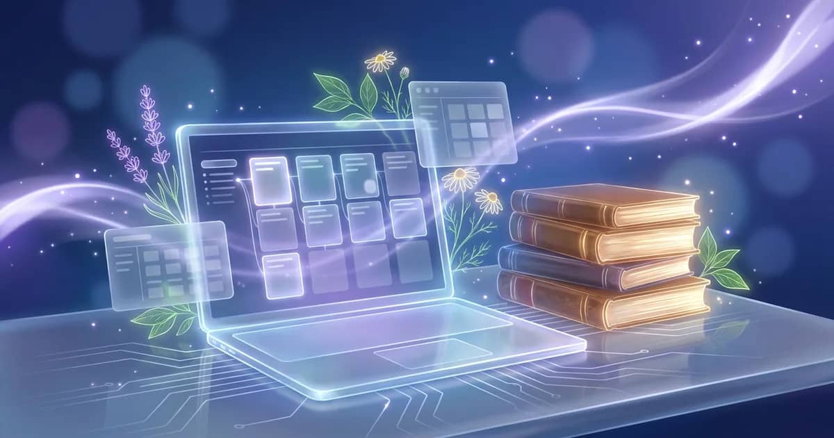 Ein Laptop zeigt eine abstrakte Repertorisationstafel mit gewichteten Rubrikkarten neben einem Stapel klassischer Materia-medica-Bücher — Werkzeuge zur KI-Repertorisation im Vergleich.