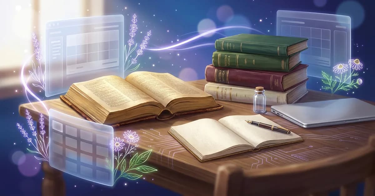 Study desk at morning light with an open repertory, materia medica volumes and a blank case notebook