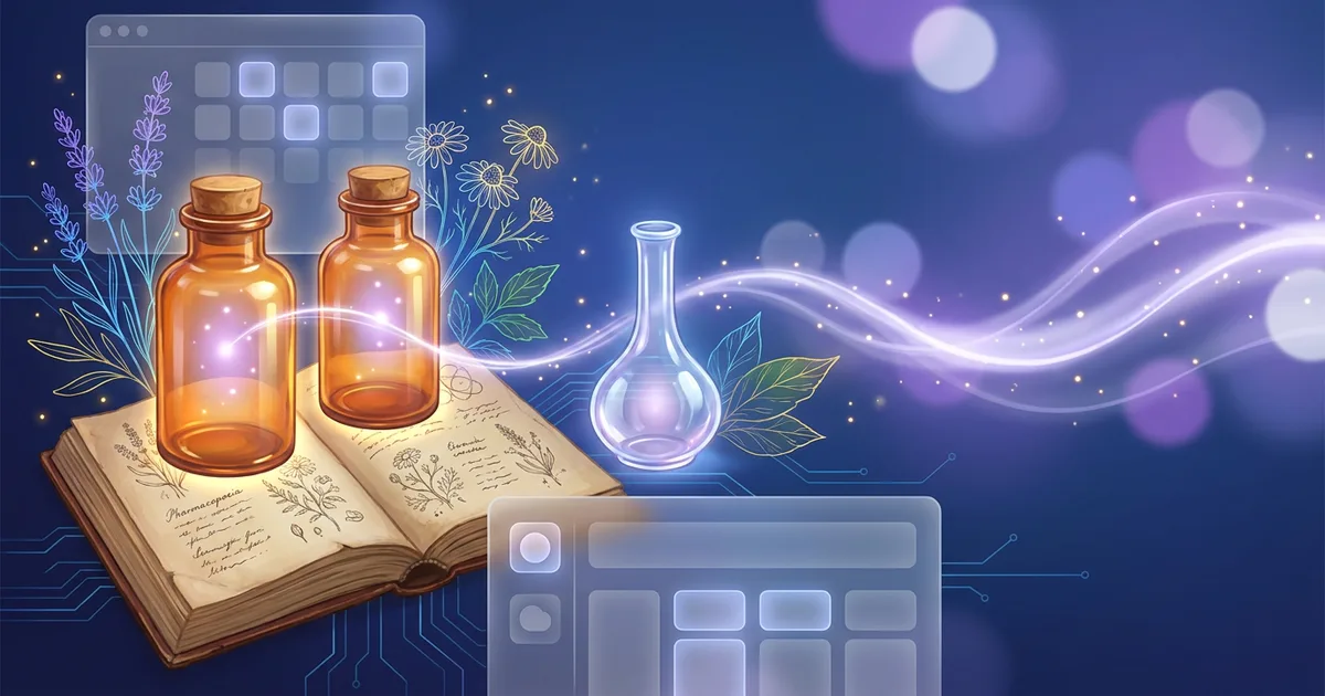 Two identical amber vials beside one differently shaped clear vial on the pages of an old pharmacopoeia