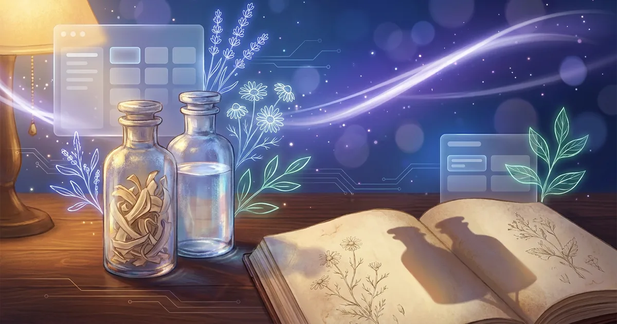 Two antique apothecary bottles, one of cinchona bark and one of tincture, casting a single mirrored shadow on an open Organon: similia similibus curentur, the law of similars.
