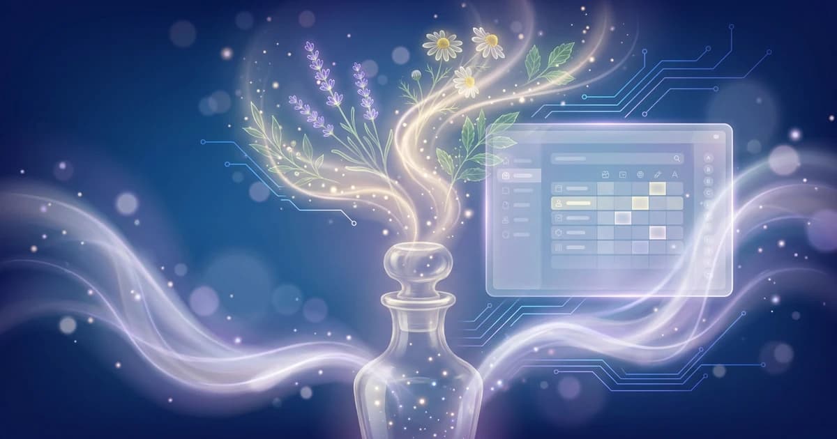 Tablet translucido luminoso che mostra una griglia di repertorizzazione clinica e un indice alfabetico dei capitoli accanto a un flacone di rimedio in vetro e a elementi botanici su un gradiente blu intenso — il Repertorio di Murphy online.