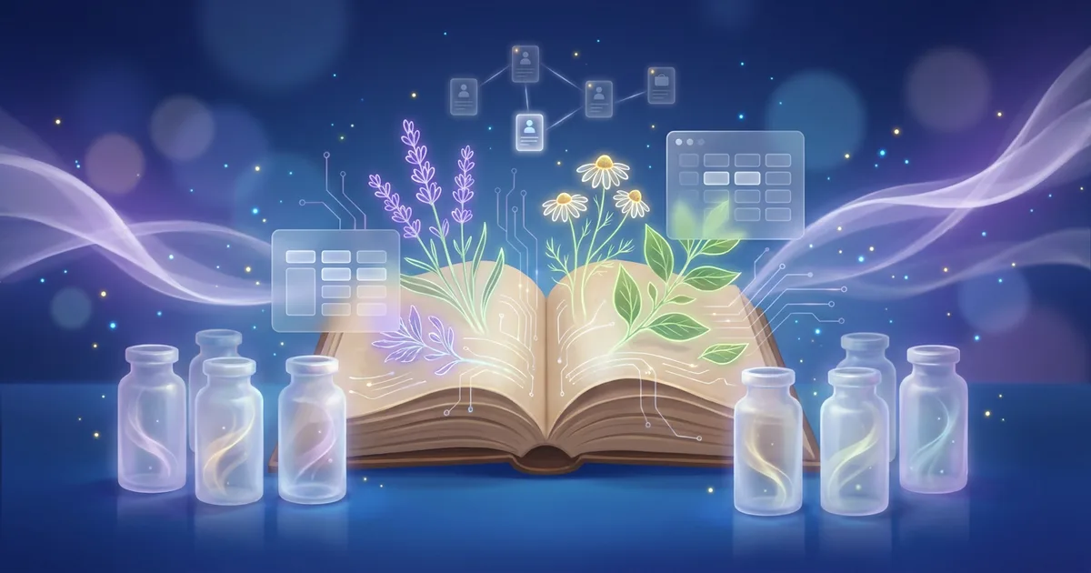 A row of glass remedy vials holding faintly luminous attenuations, set behind an open reference volume and a dim constellation of linked case cards on a deep blue gradient.