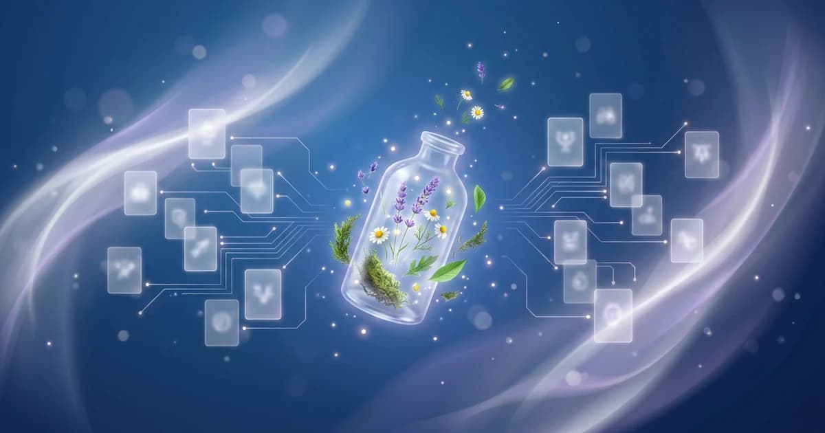 Glass homeopathic remedy bottle with drifting botanicals beside a glowing constellation of interconnected remedy cards, on a deep blue gradient, symbolising the major polycrest remedies in a materia medica.