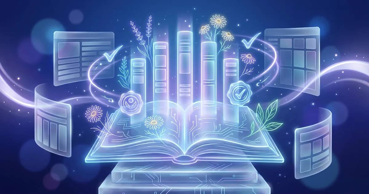 Ein leuchtendes aufgeschlagenes Nachschlagewerk, das strukturierte Lichtsäulen auf einem tiefblauen Verlauf ausstrahlt, während transparente editorische Häkchen die Seiten umkreisen und die kuratierten Ausgaben des Synthesis-Repertoriums symbolisieren.