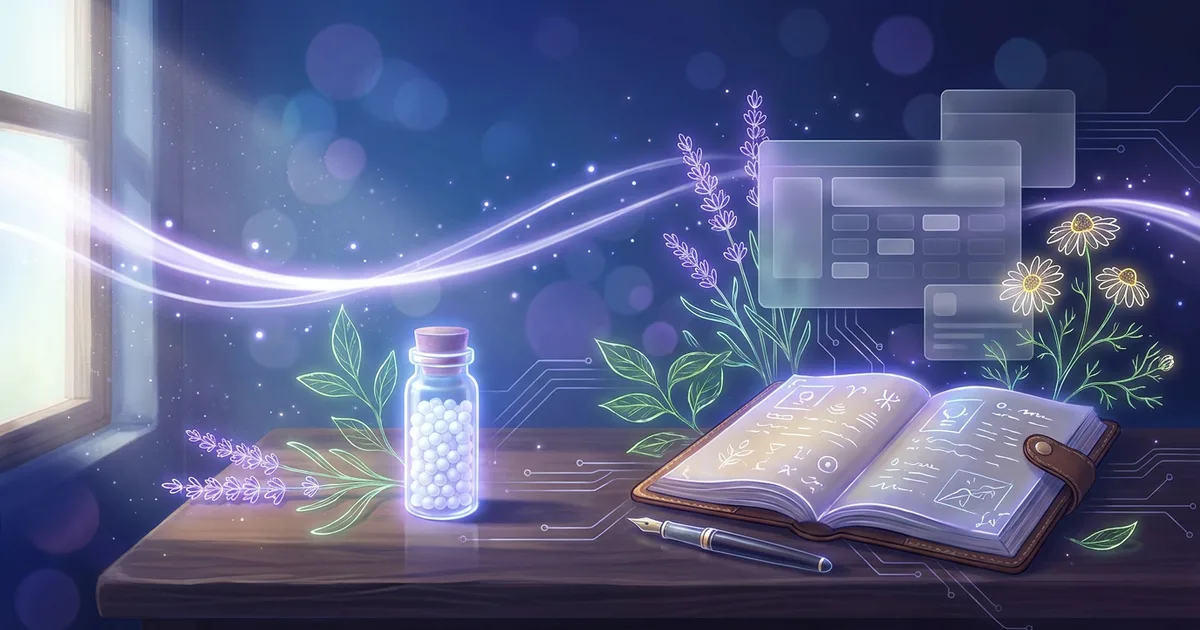 A single vial of homeopathic pellets on a practitioner's desk beside an open casebook — the single remedy of unicist homeopathy.