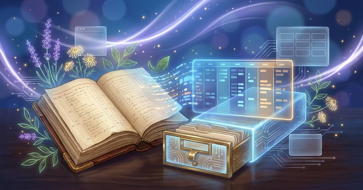 An open nineteenth-century repertory on a dark desk, its columns of rubrics dissolving into a glowing grid of ranked columns on a tablet, with a brass card-index drawer half open between them