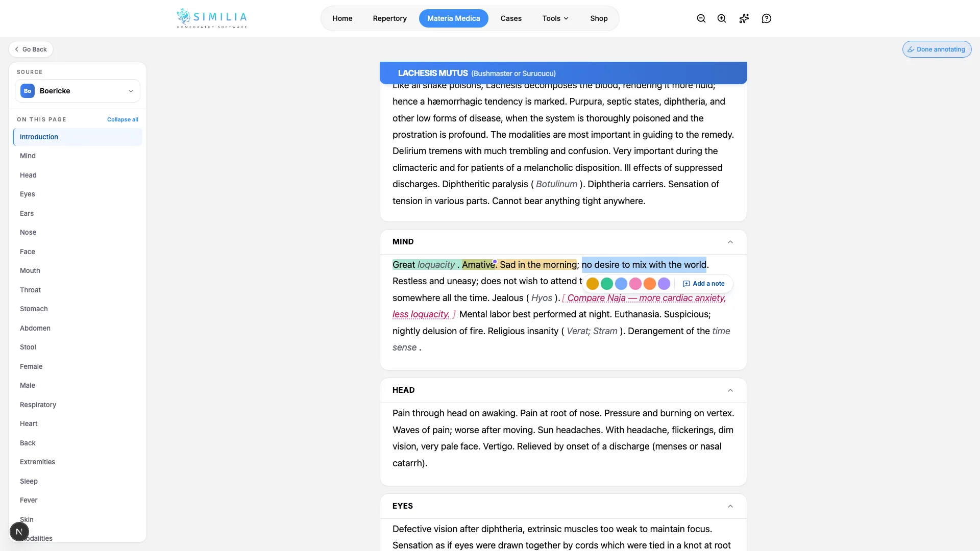 Una pagina di materia medica in Similia con evidenziazioni colorate e la barra degli strumenti di selezione