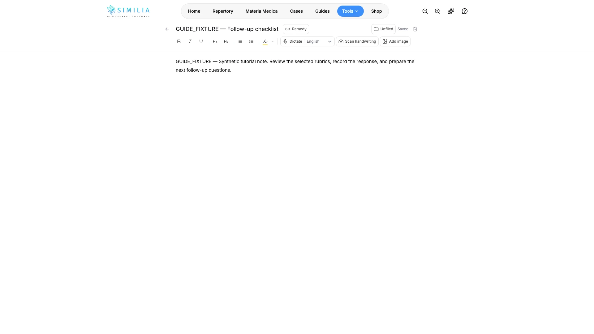 Редактор на My Note със запазено заглавие GUIDE_FIXTURE и обикновен синтетичен текст на бележка
