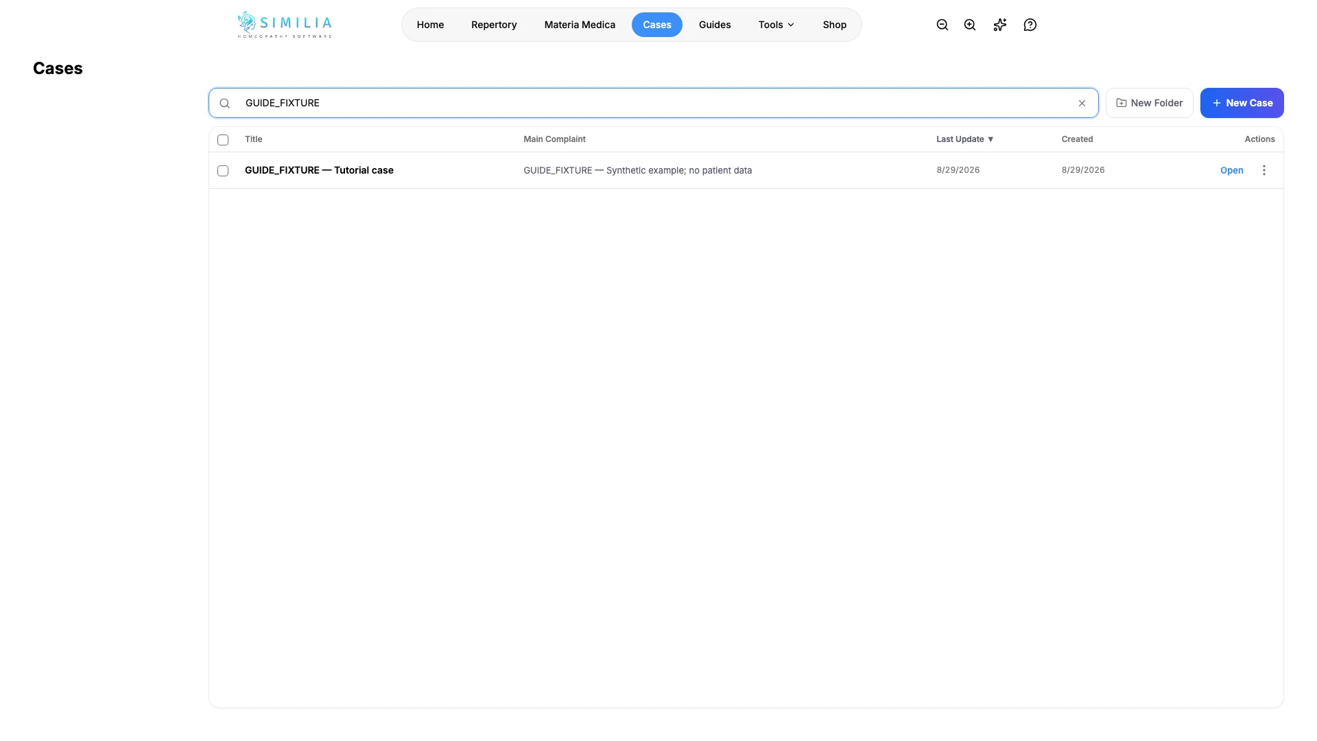 Fall-Dashboard, gefiltert auf einen synthetischen GUIDE_FIXTURE-Fall mit Such- und Ordnersteuerelementen