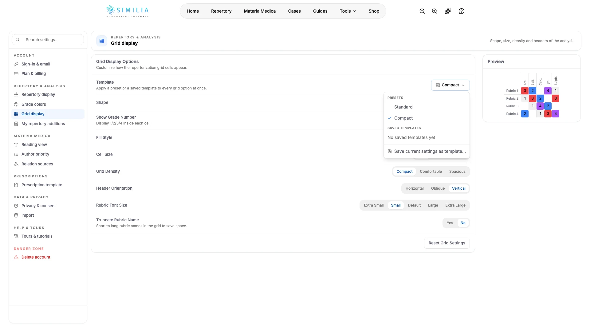 Configuración de visualización de la cuadrícula de análisis con controles de nombre de remedio y diseño