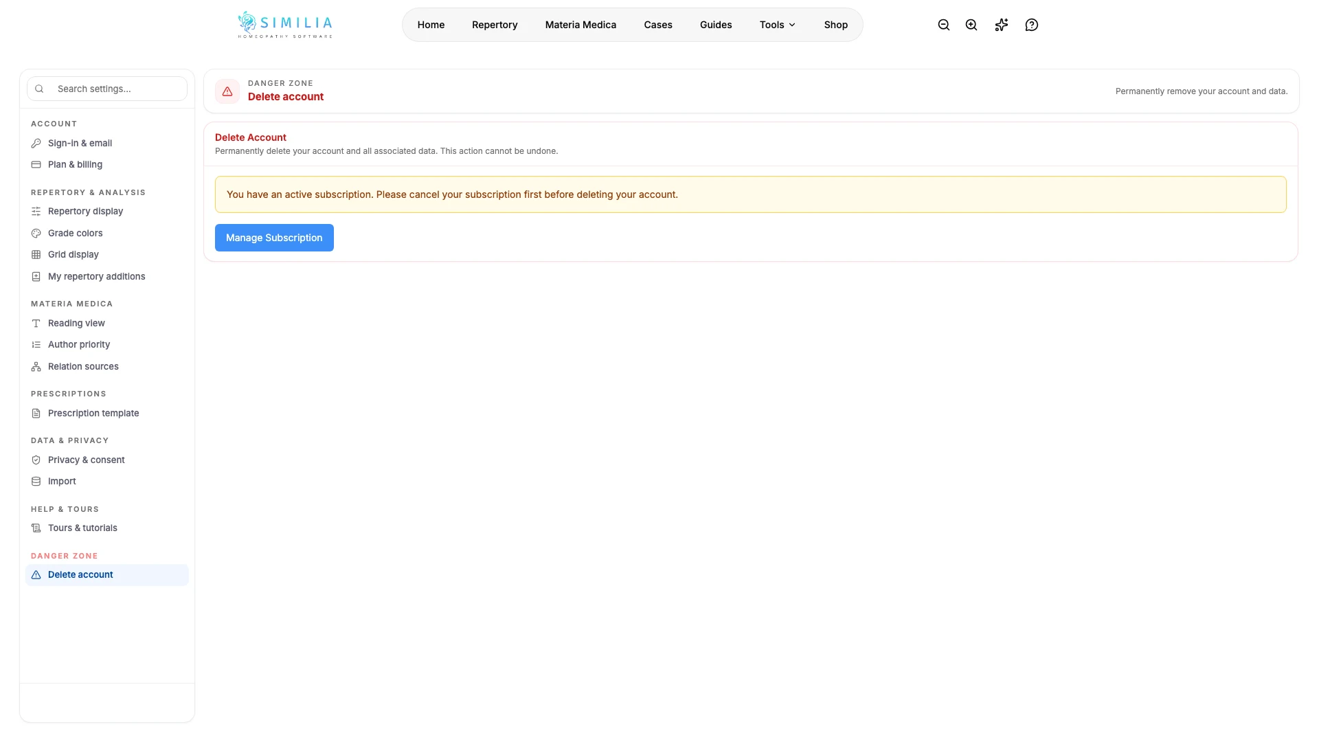 Impostazioni per eliminare l'account che mostrano il requisito di annullare l'abbonamento attivo prima dell'eliminazione
