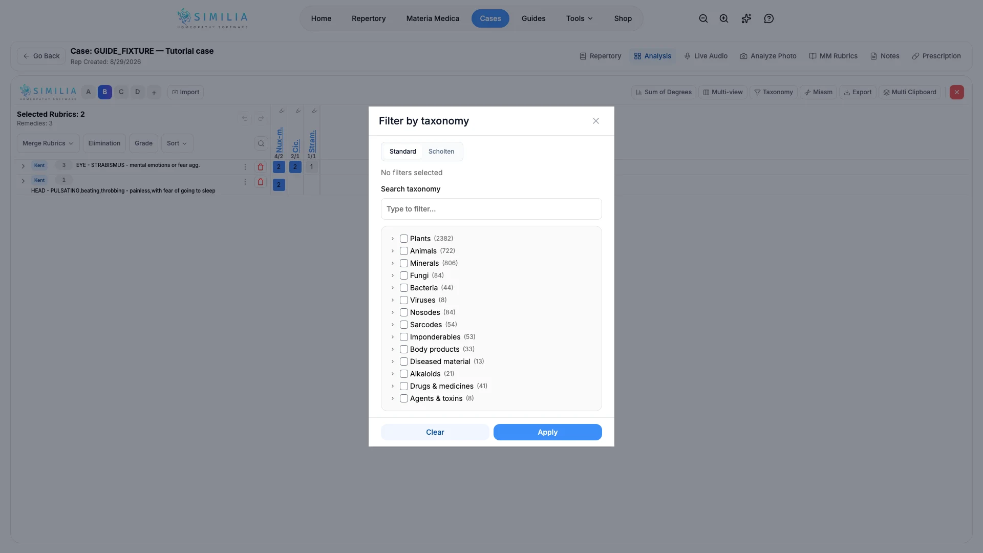 Taxonomiefilter neben der synthetischen Repertorisation geöffnet