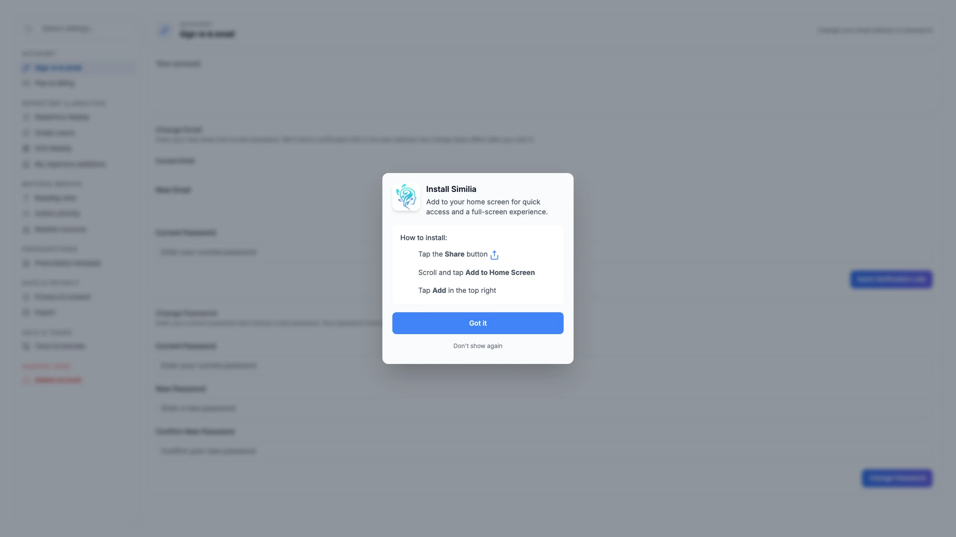 Istruzioni di installazione di Similia aperte prima di aggiungere l'app a un dispositivo