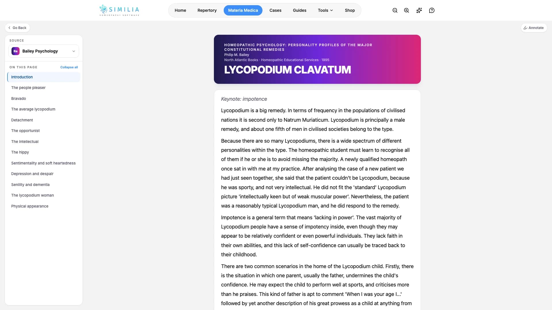 Lycopodium clavatumのプロフィールを開き、性格に関する各セクションをリーダーに表示したHomeopathic Psychology