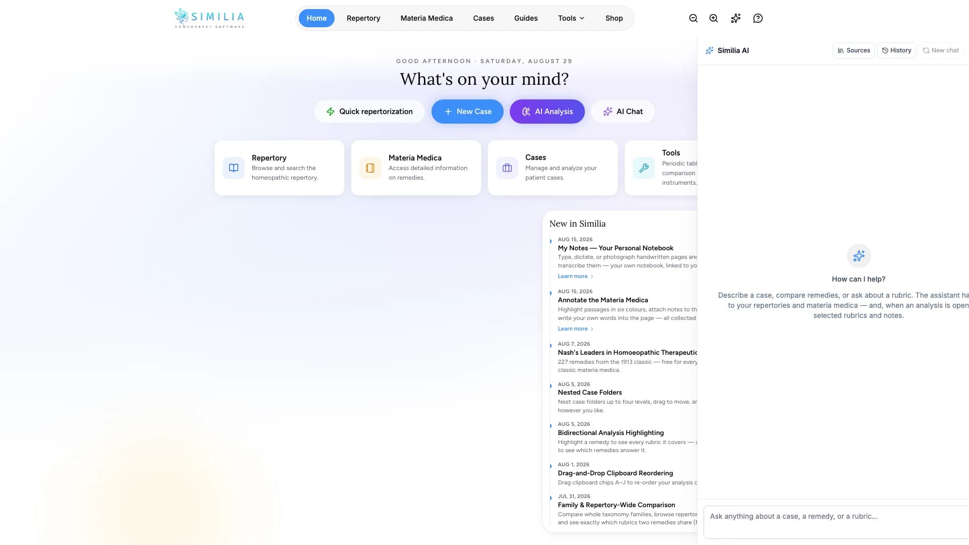 Leere Seitenleiste des Similia AI Assistant, bereit für eine Frage