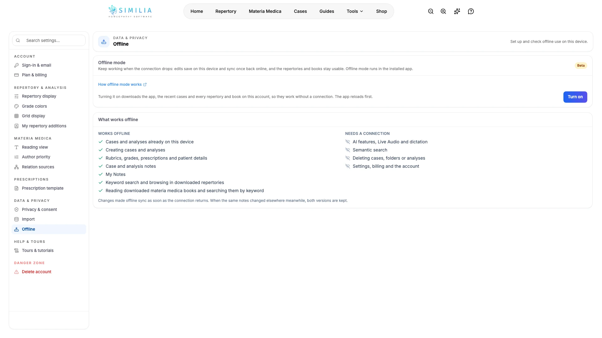 Settings › Offline in the installed Similia app, with the Turn on button and the list of what works offline