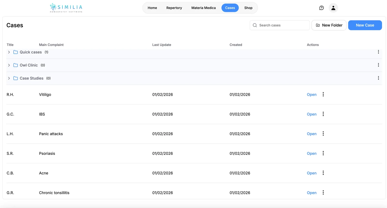 Patient case management interface showing case organization and records