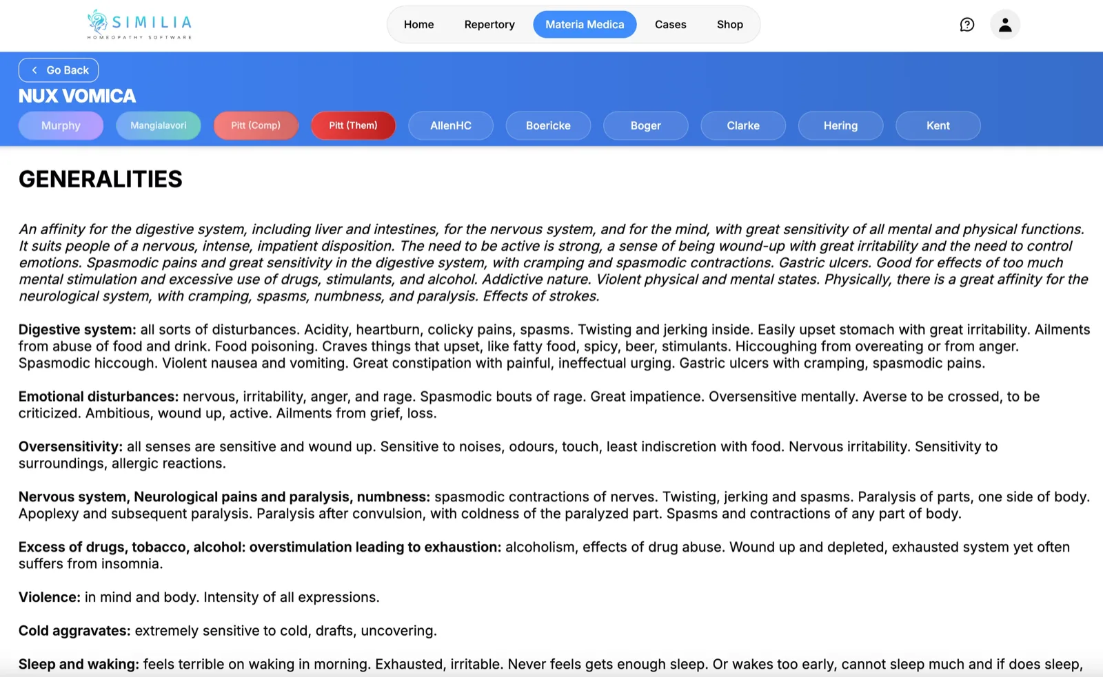 Materia Medica showing Arsenicum album remedy details with symptom descriptions