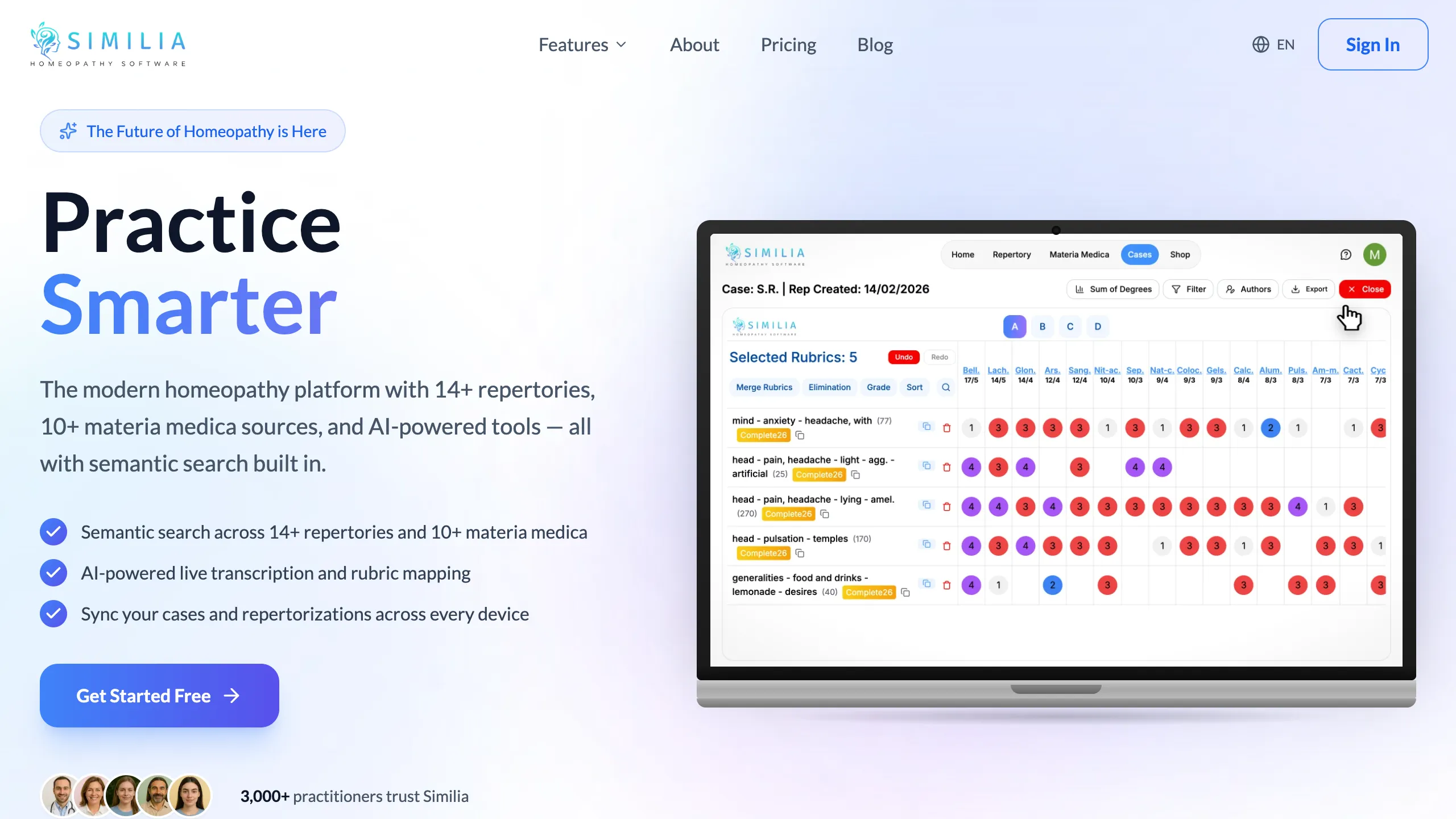 Similia homeopathic software interface